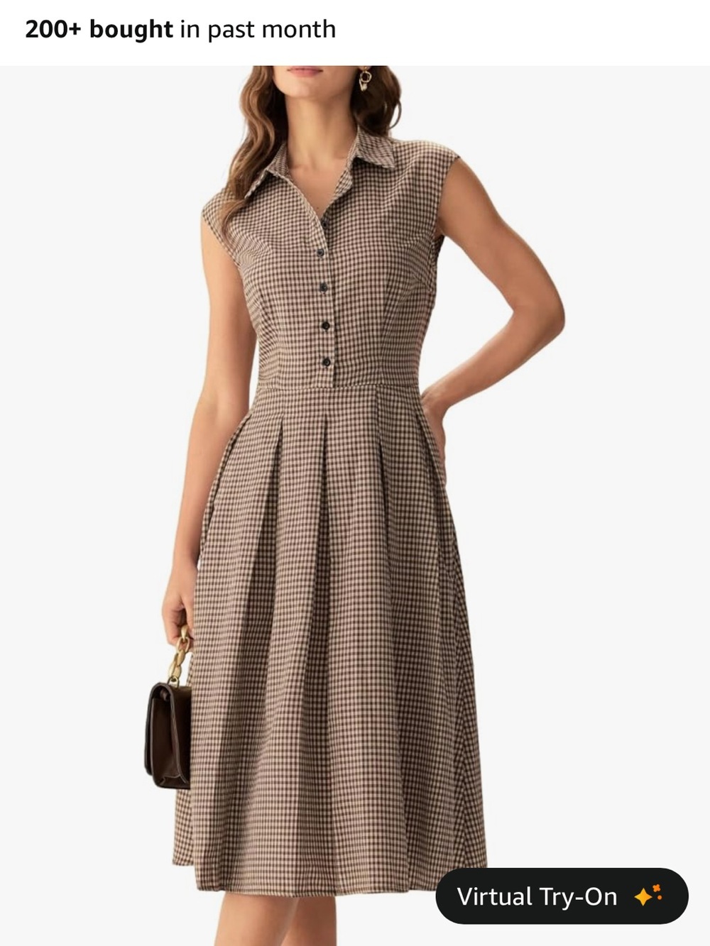 RIHOAS Brown Gingham Sleeveless Collared Midi Dress